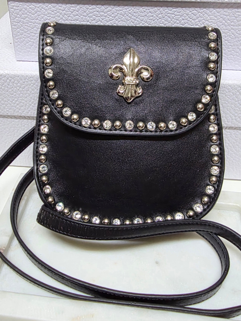 Fleur de Lis Rhinestone Leather Mini Crossbody Bag